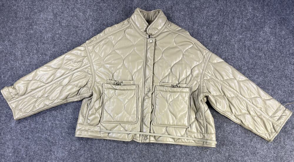 Zara Women Large Taupe Quilted Puffer Jacket Drawstring Pockets Cropped
